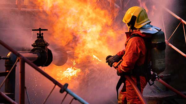 Fotografía de un trabajador apagando un incendio en un aerogenerador de un parque eólico. Curso BST - Basic Safety Training de GWO.