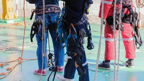 Personas equipadas con arneses, mosquetones y cuerdas para realizar trabajos verticales